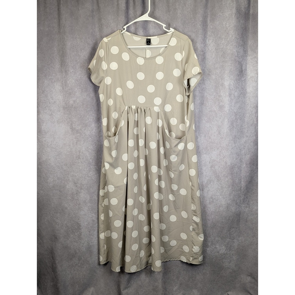 Emery Rose Polka Dot Midi Dress‎ Short Sleeve Pockets Beige White Small